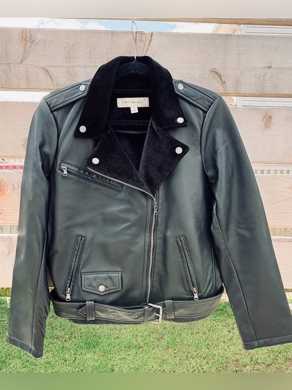 Calvin Klein Jeans Black Leather Moto Jacket with Suede Collar